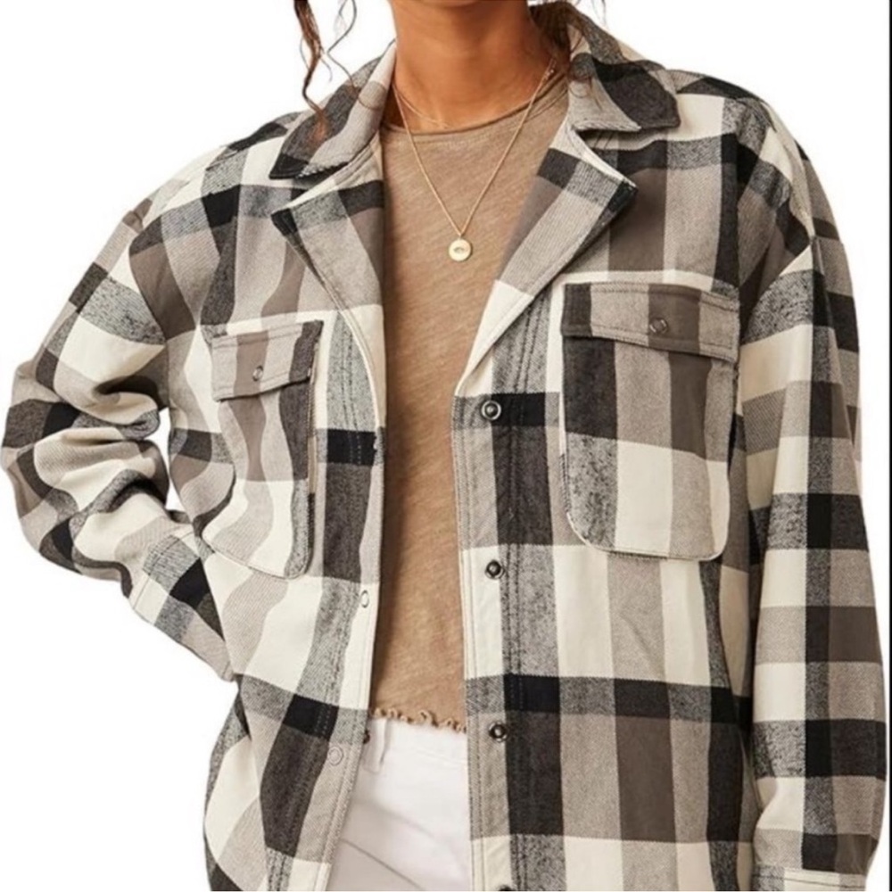 NWOT Free People We the Free Izzy Plaid Flannel Cargo Cotton Shirt Black Cream